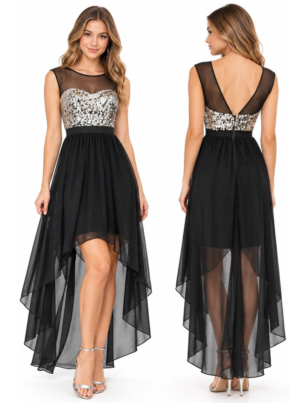Speechless Black Silver Sequin Dress Size 3 High Low Chiffon Illusion Mesh